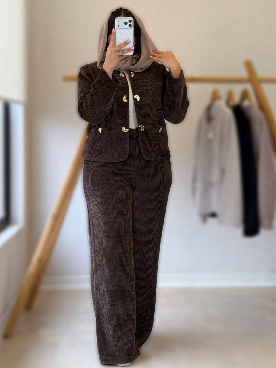 تصویر ست کت و شلوار نهال - شکلاتی / فری سایز تا ۴۶ 